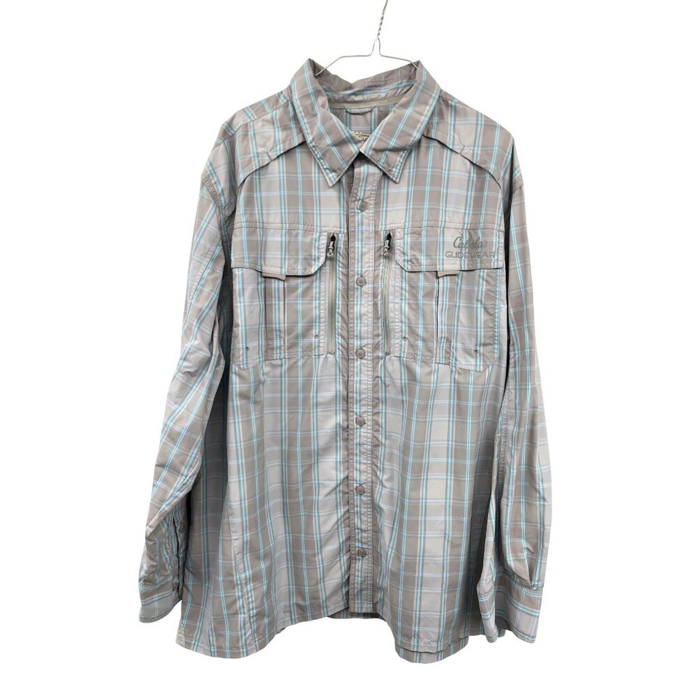 Cabela’s Guidewear Shirt Men’s 2XL Gray Blue Plaid Nylon UPF 50 Fishing Hiking